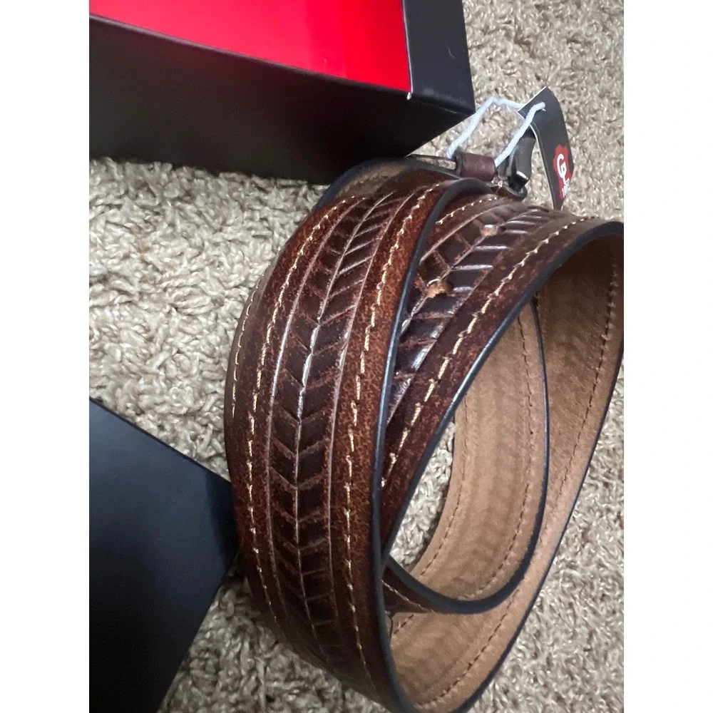 Alivethought Mens Brown Genuine Leather Belt Embossed Chevron Stitched 47 Inch